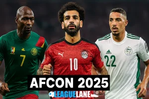African footballers in national team jerseys representing Cameroon, Egypt, and Algeria, shown in action poses against a blurred stadium background during AFCON 2025