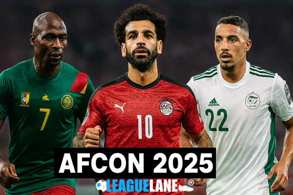 African footballers in national team jerseys representing Cameroon, Egypt, and Algeria, shown in action poses against a blurred stadium background during AFCON 2025